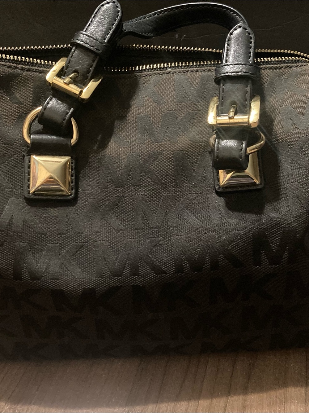 Michael Kors Black MK Logo Satchel with Gold-Tone Hardware